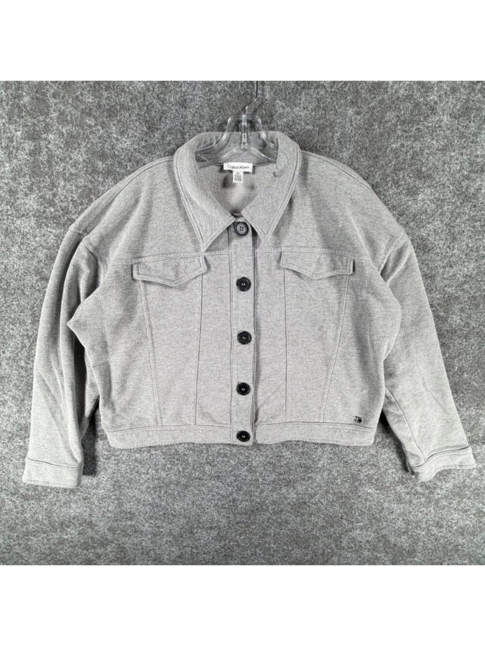 Calvin Klein Button-Up Cropped Jacket Womens L Light Gray Modern Classic Outdoor